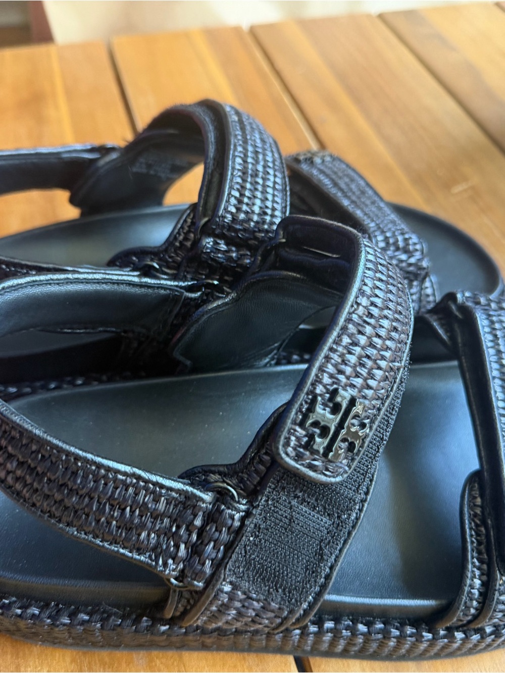 Like New Tory Burch Black Raffia Platform Sandals with Logo Detail Size 9 - Picture 2 of 6